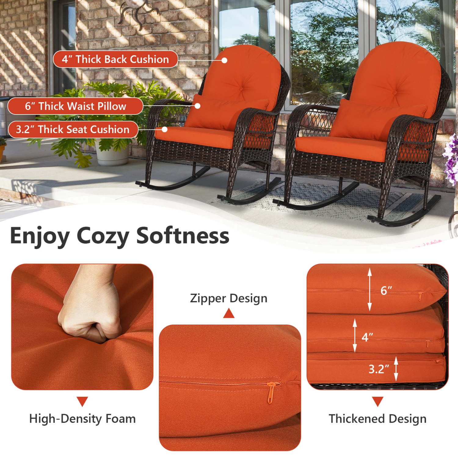 Topbuy – Chaise berçante en osier de patio de 2 pièces en rotin avec coussin