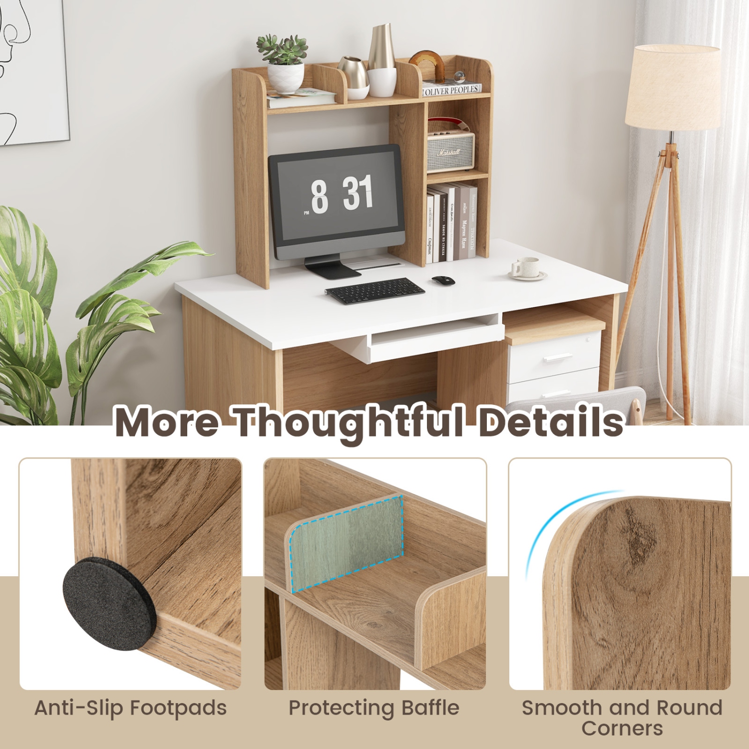 Topbuy Desktop Bookshelf 3-Tier Multipurpose Countertop Hutch Bookshelf for 27 Inch Monitor w/ 3 Upper Shelves & 2 Side Compartments White/Natural