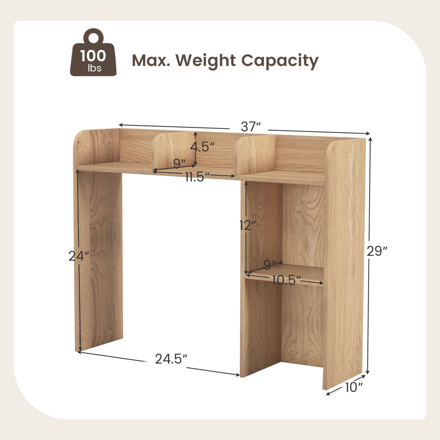 Topbuy Desktop Bookshelf 3-Tier Multipurpose Countertop Hutch Bookshelf for 27 Inch Monitor w/ 3 Upper Shelves & 2 Side Compartments White/Natural