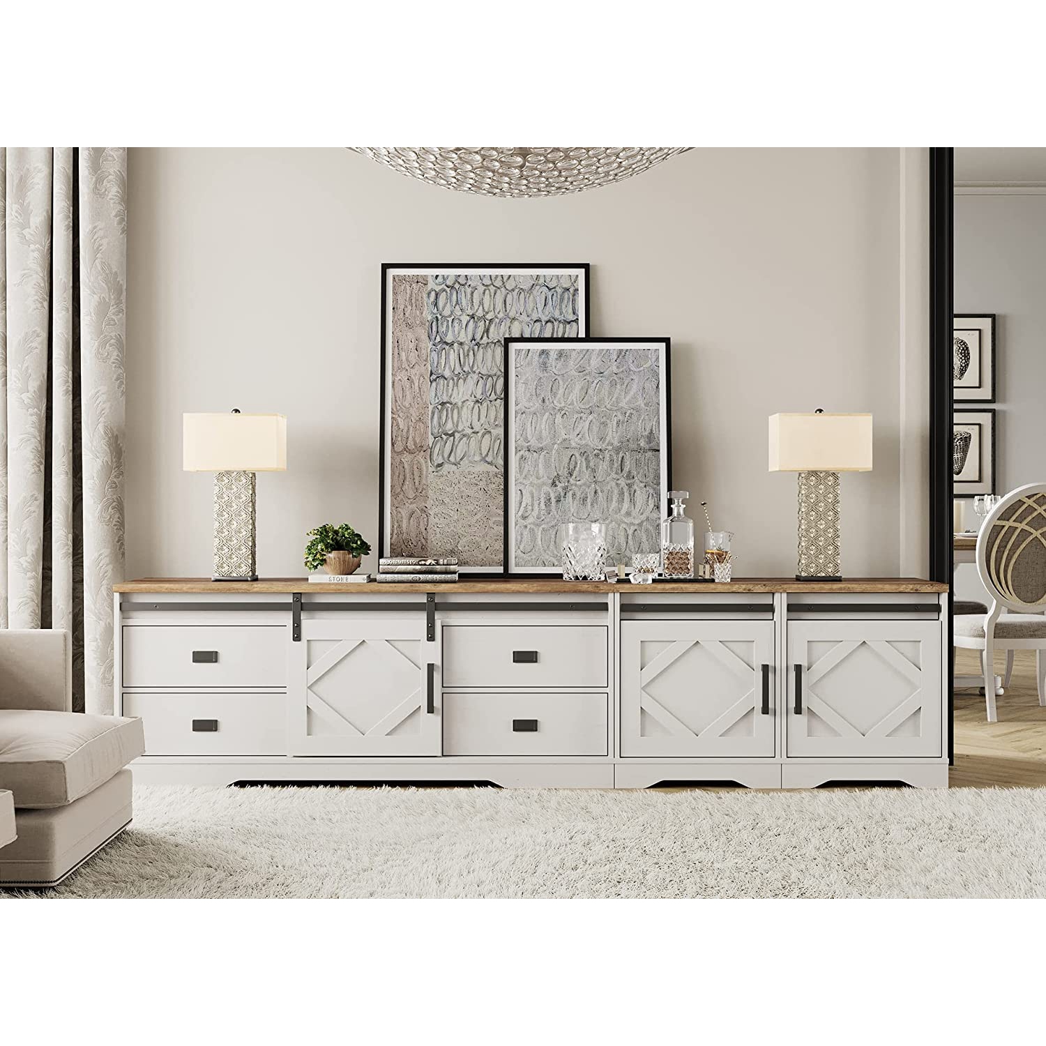 WAMPAT Modern Farmhouse TV Stand for up to 110" TVs Wood Entertainment Center Cabinet with Drawers and Adjustable Shelf for Living Room, Cream White