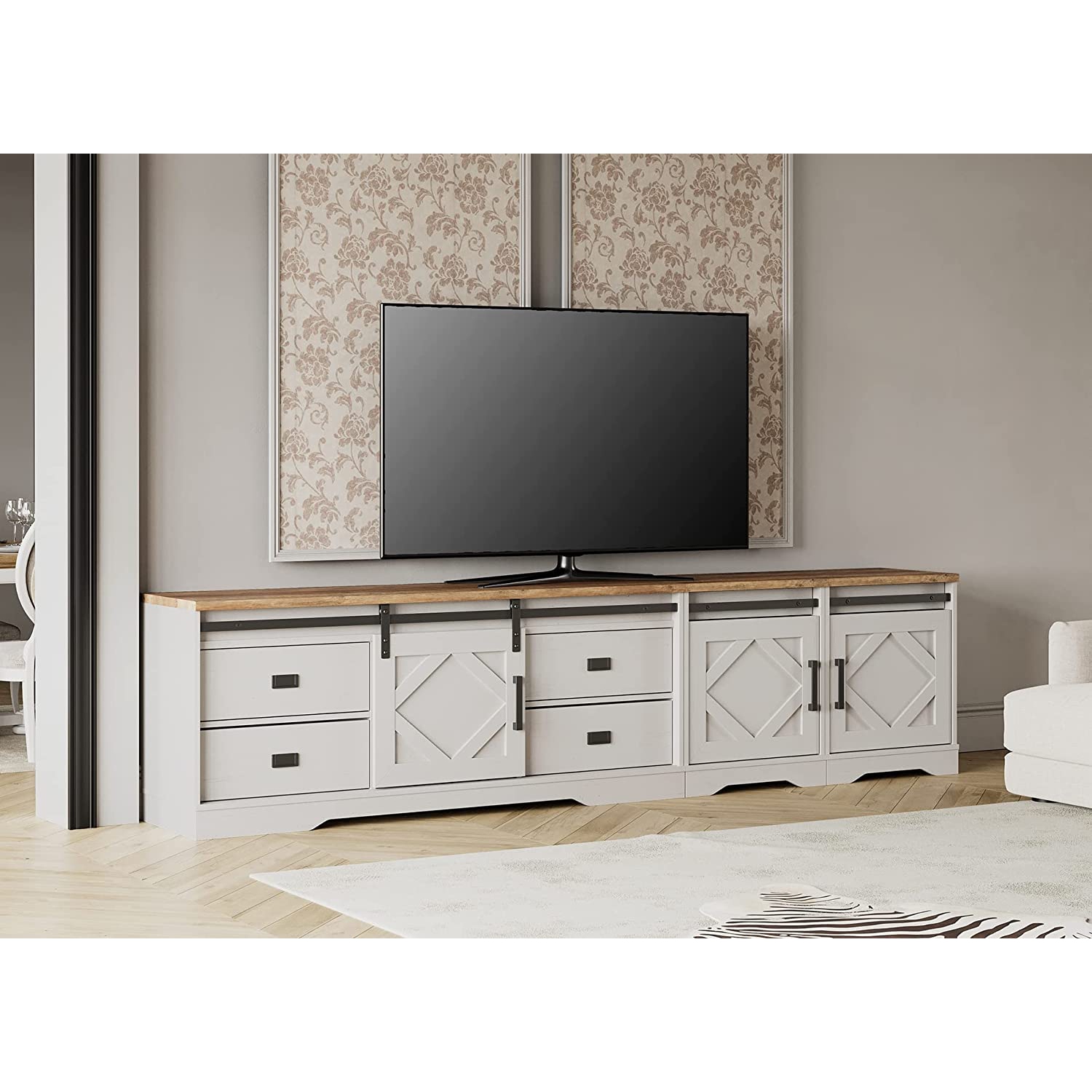WAMPAT Modern Farmhouse TV Stand for up to 110" TVs Wood Entertainment Center Cabinet with Drawers and Adjustable Shelf for Living Room, Cream White