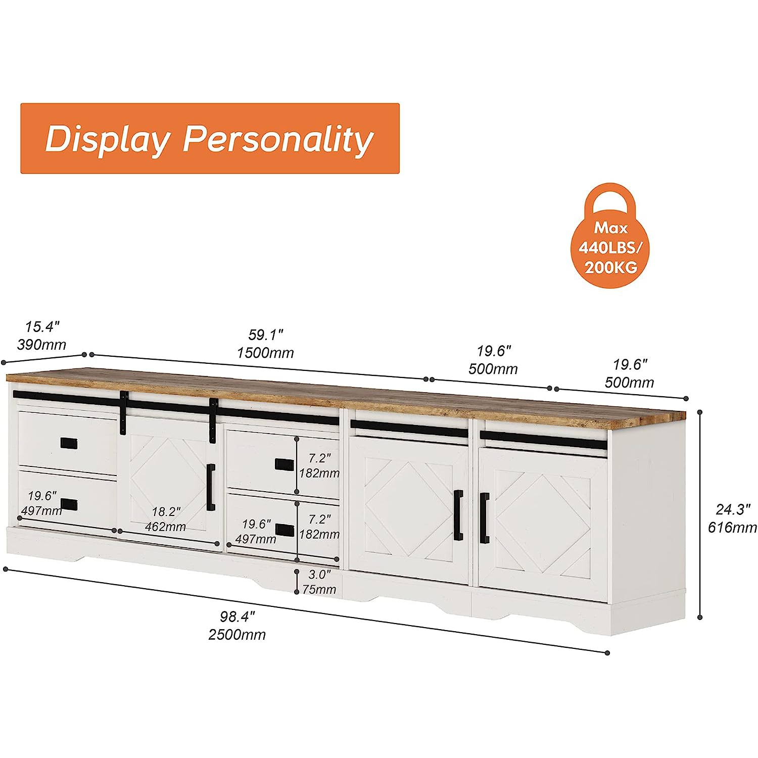 WAMPAT Modern Farmhouse TV Stand for up to 110" TVs Wood Entertainment Center Cabinet with Drawers and Adjustable Shelf for Living Room, Cream White