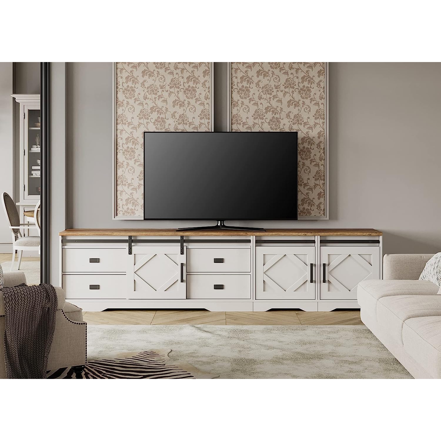 WAMPAT Modern Farmhouse TV Stand for up to 110" TVs Wood Entertainment Center Cabinet with Drawers and Adjustable Shelf for Living Room, Cream White