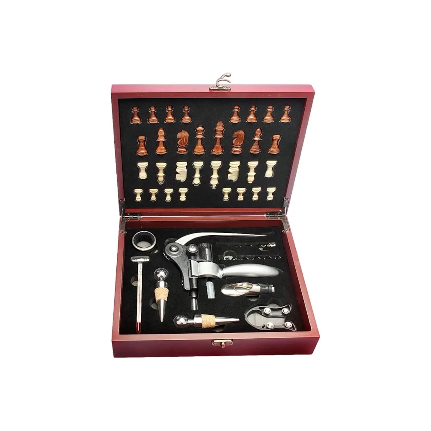 Arolly 2-in-1 Wine Opener Kit with Chess Set for Wine and Chess Lovers, Classic Wooden Box with Chess Board & 9 Wine Accessories