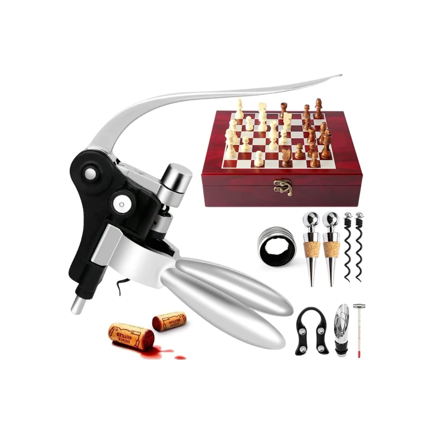 Arolly 2-in-1 Wine Opener Kit with Chess Set for Wine and Chess Lovers, Classic Wooden Box with Chess Board & 9 Wine Accessories