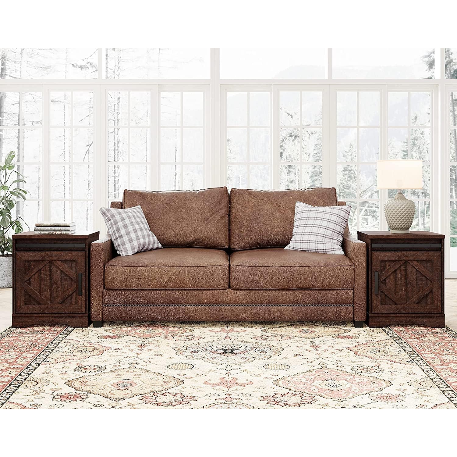 WAMPAT End Table Set of 2 Pedestal Side Table with Drawer and Storage Cabinet Wooden Bedside Table Nightstands for Living Room Bedroom,Rustic Brown