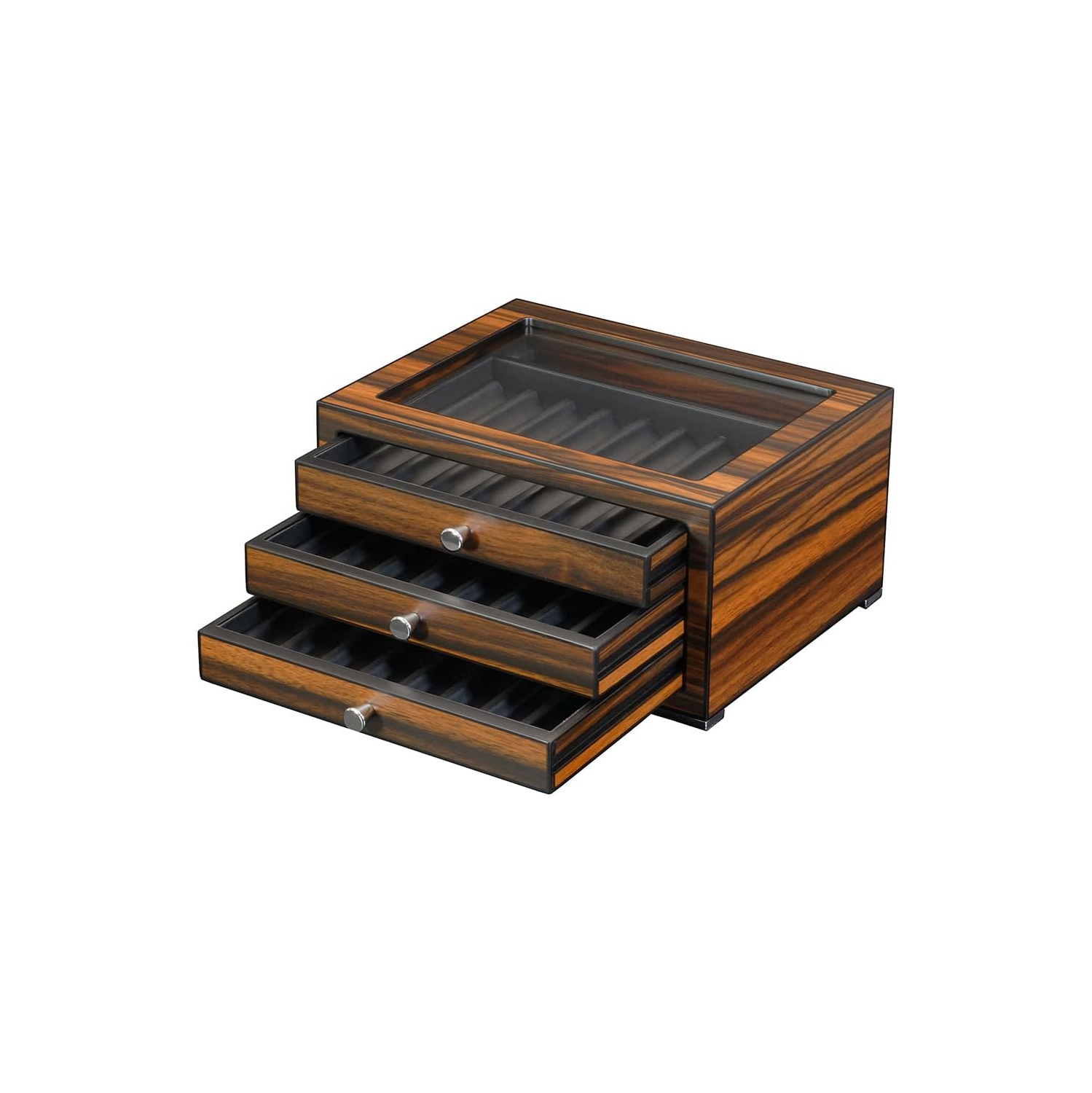Arolly 3-Drawers with 24 Slots Pencil Fountain Pen Ebony Wood Display Case Holder Storage Organizer with Glass Top Lid