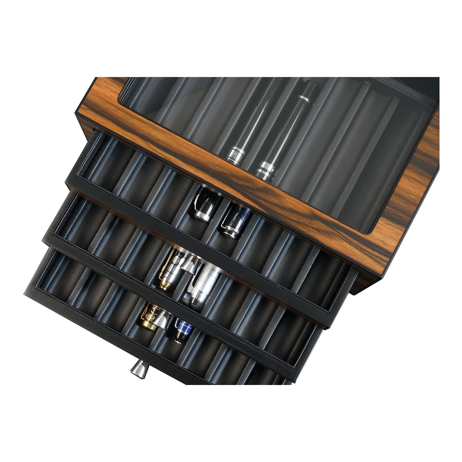 Arolly 3-Drawers with 24 Slots Pencil Fountain Pen Ebony Wood Display Case Holder Storage Organizer with Glass Top Lid