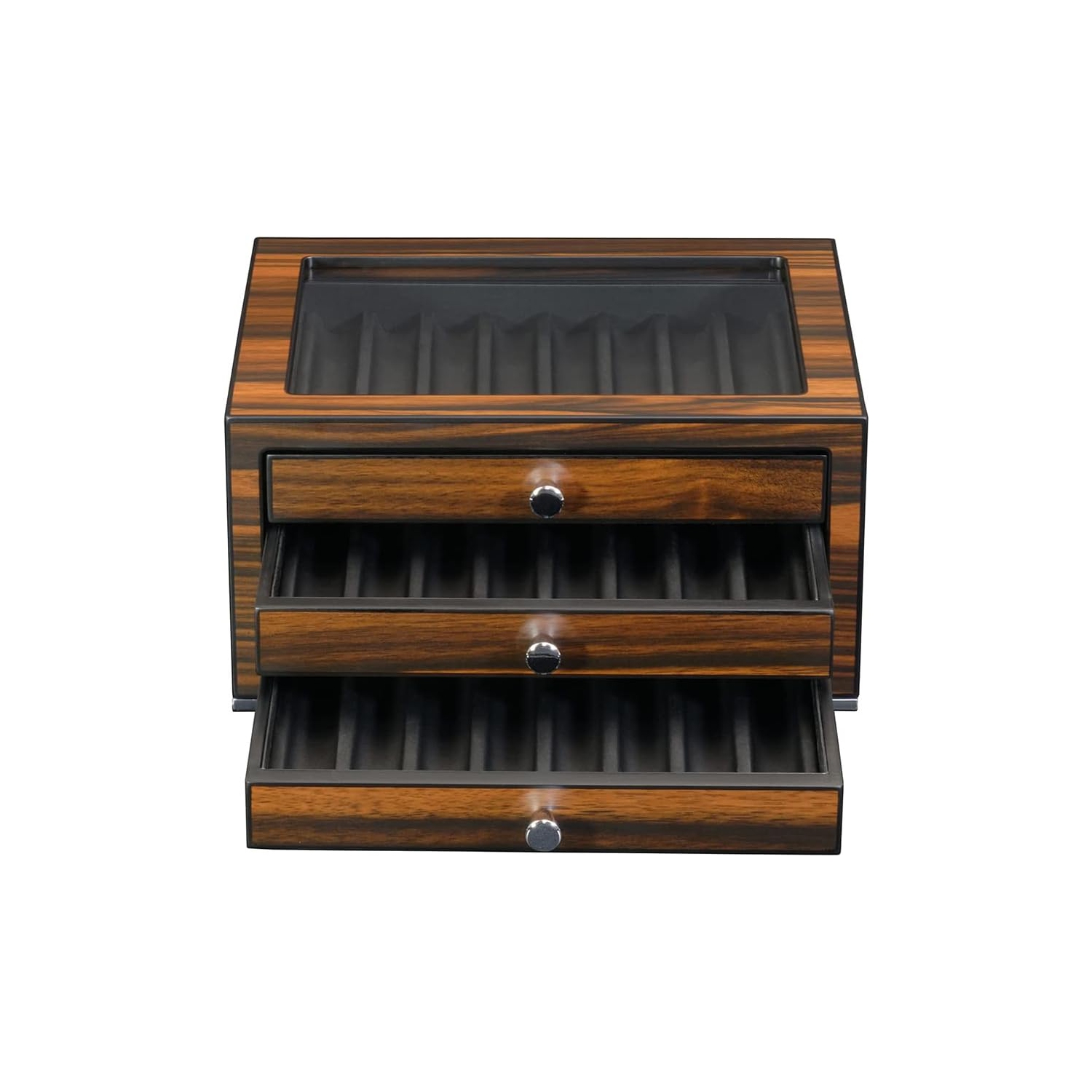 Arolly 3-Drawers with 24 Slots Pencil Fountain Pen Ebony Wood Display Case Holder Storage Organizer with Glass Top Lid