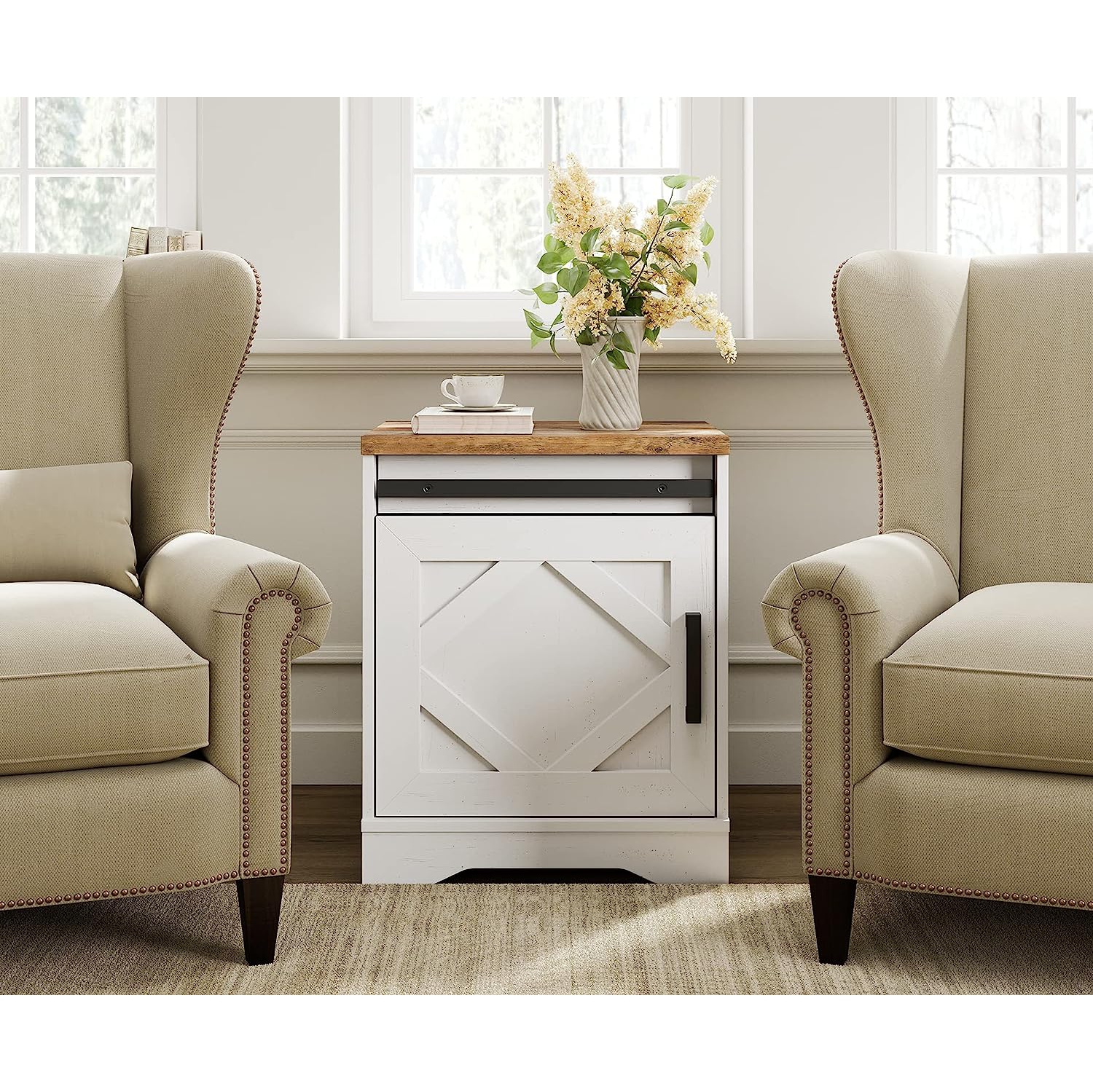 WAMPAT End Table Set of 2 Pedestal Side Table with Drawer and Cabinet Wood Bedside Table Nightstands for Living Room Bedroom,Cream White