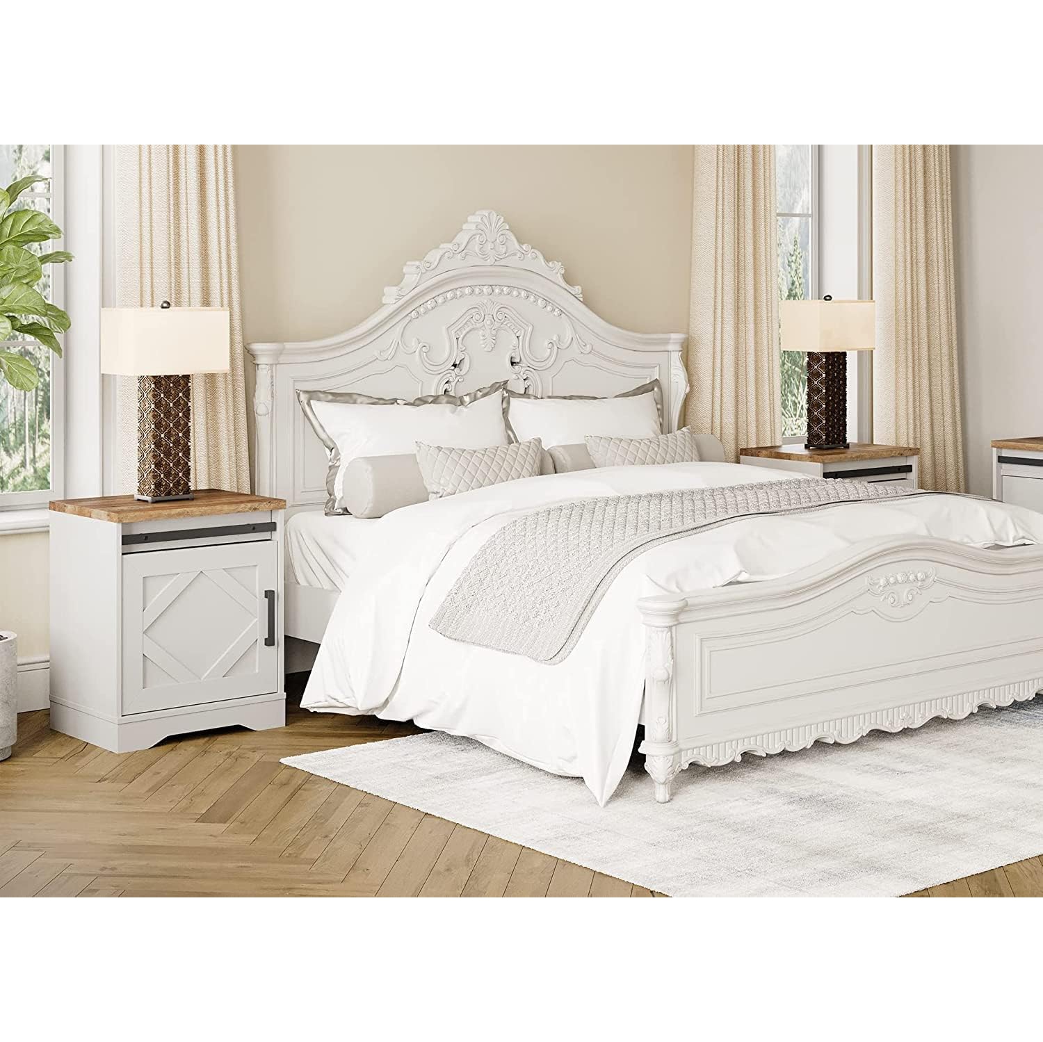 WAMPAT End Table Set of 2 Pedestal Side Table with Drawer and Cabinet Wood Bedside Table Nightstands for Living Room Bedroom,Cream White