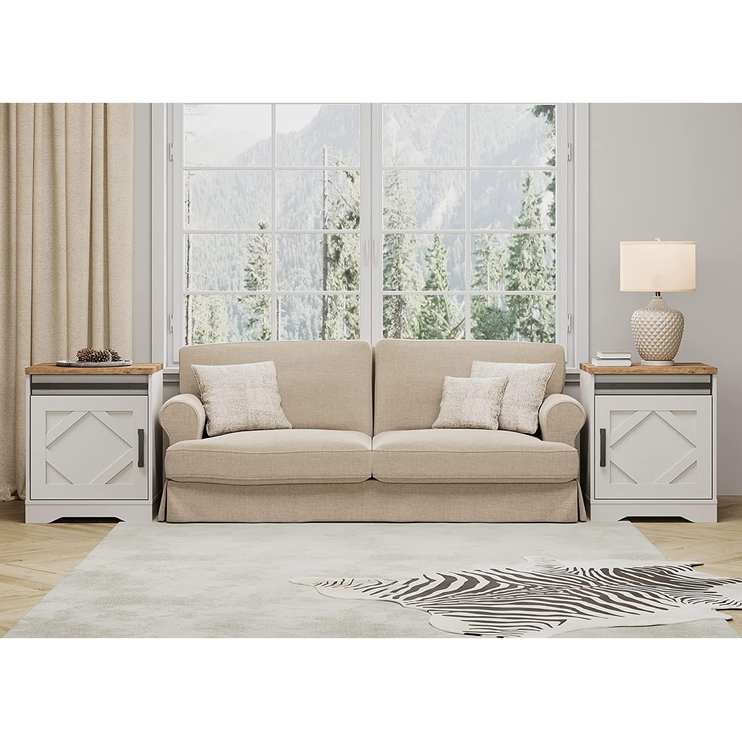 WAMPAT End Table Set of 2 Pedestal Side Table with Drawer and Cabinet Wood Bedside Table Nightstands for Living Room Bedroom,Cream White