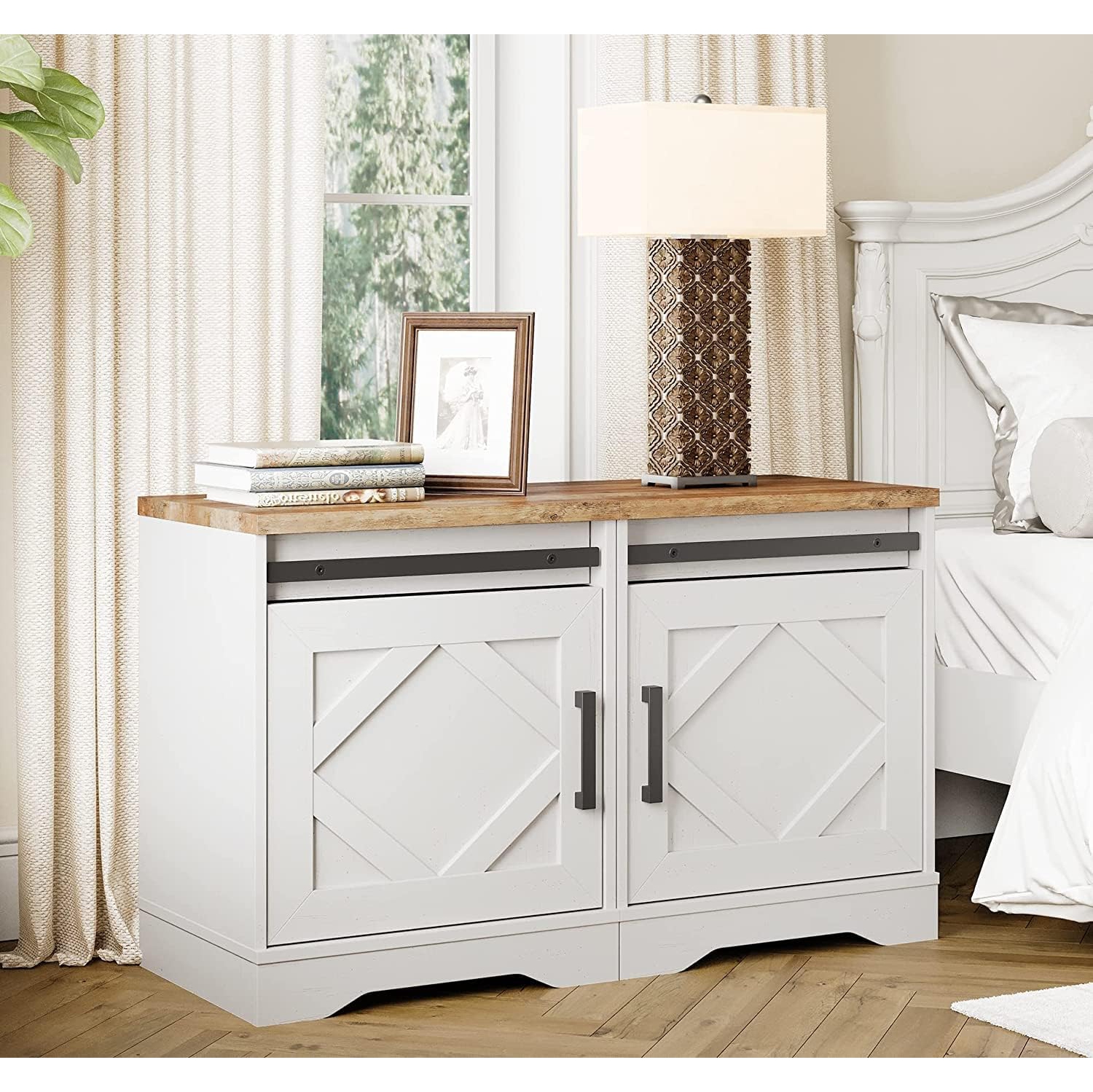 WAMPAT End Table Set of 2 Pedestal Side Table with Drawer and Cabinet Wood Bedside Table Nightstands for Living Room Bedroom,Cream White