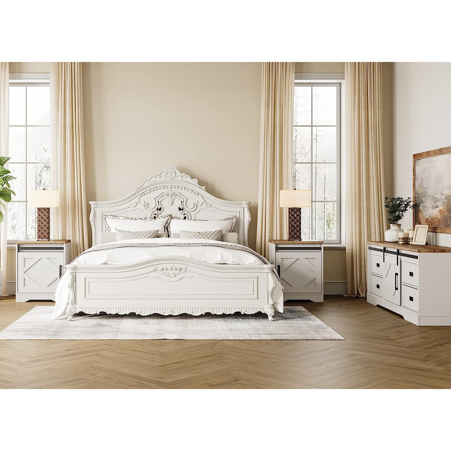 WAMPAT End Table Set of 2 Pedestal Side Table with Drawer and Cabinet Wood Bedside Table Nightstands for Living Room Bedroom,Cream White