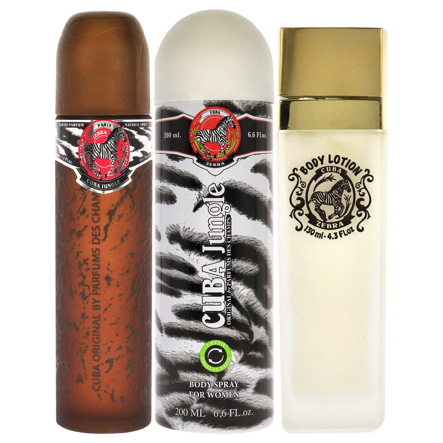 Cuba Jungle Zebra by Cuba for Women - 3 Pc Gift Set 3.3oz EDP Spray, 6.7oz Deodorant Body Spray, 4.3oz Body Lotion