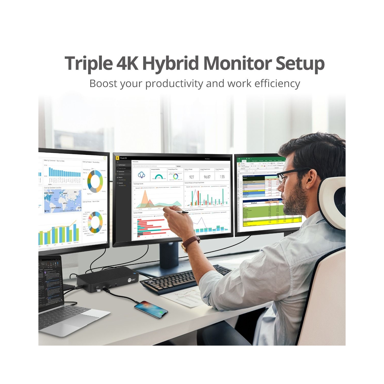 Station d'accueil vidéo hybride 4K triple avec recharge PD de SIIG