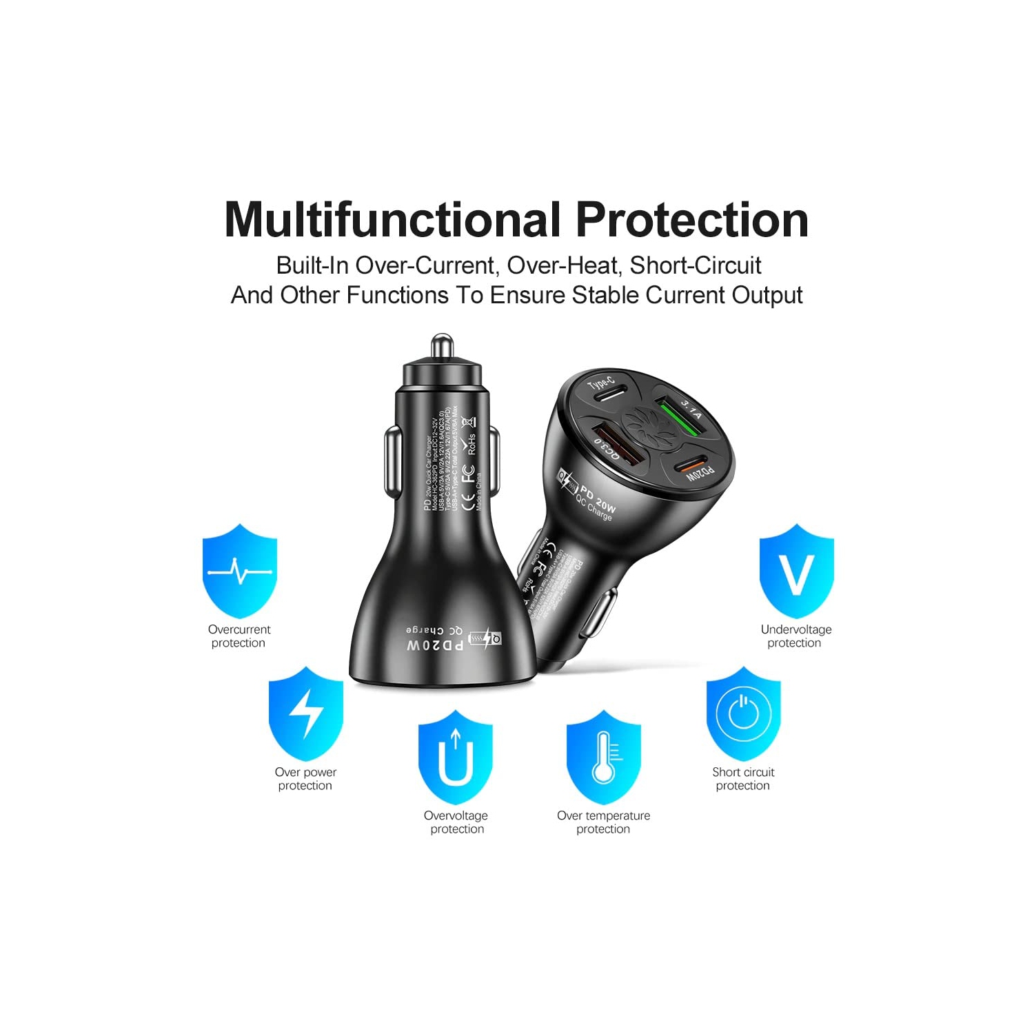 2 Pack of USB Fast Car Charger USB Type C / PD Fast Charger 20W 4 Port Multi-Functional Charger Power Adapter Compatible with iPad iPhone and Android