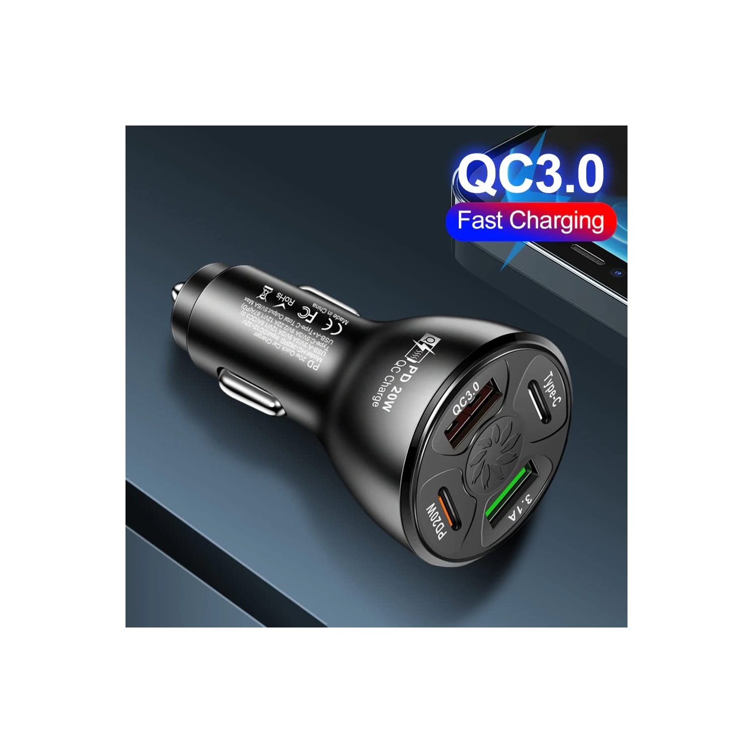 2 Pack of USB Fast Car Charger USB Type C / PD Fast Charger 20W 4 Port Multi-Functional Charger Power Adapter Compatible with iPad iPhone and Android