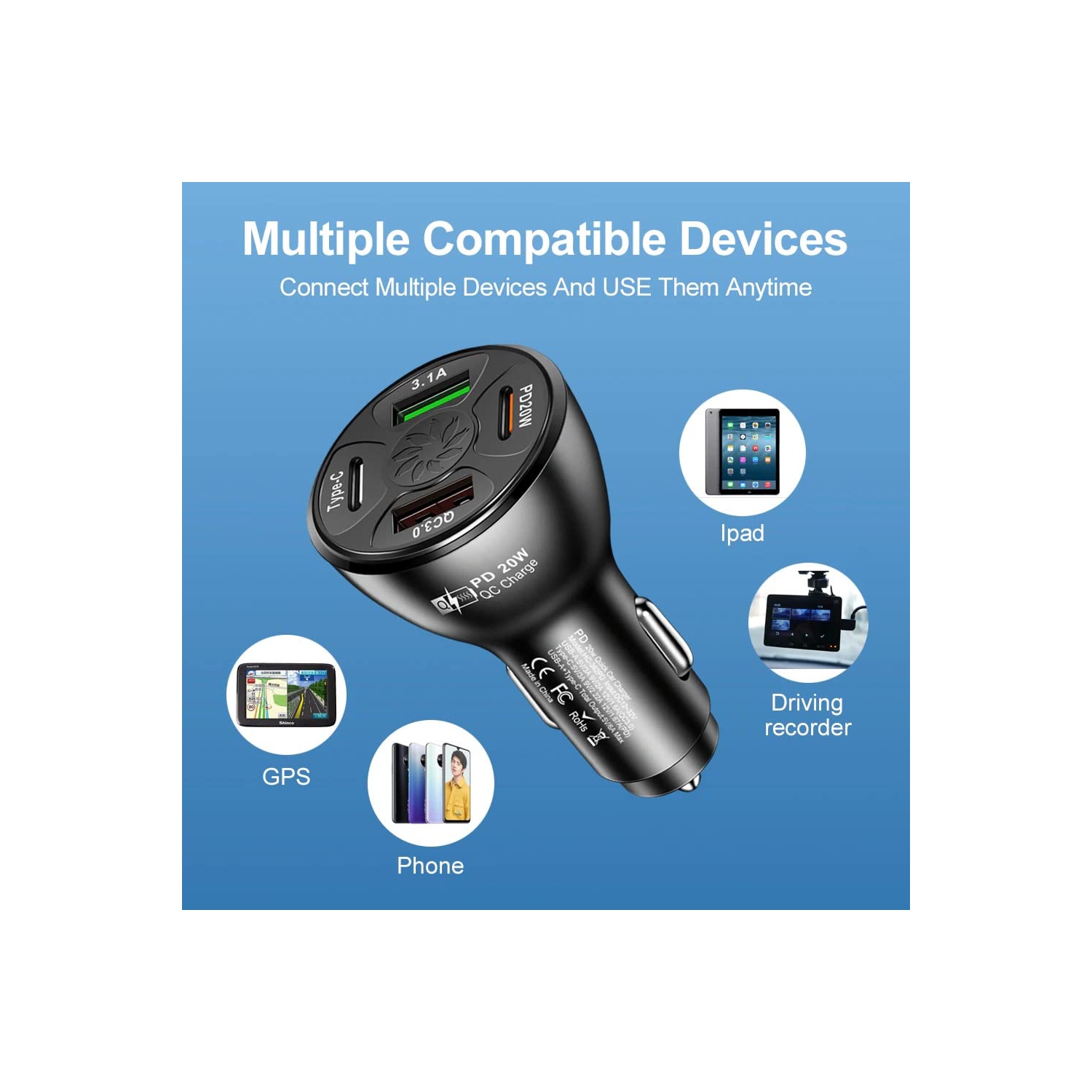 2 Pack of USB Fast Car Charger USB Type C / PD Fast Charger 20W 4 Port Multi-Functional Charger Power Adapter Compatible with iPad iPhone and Android