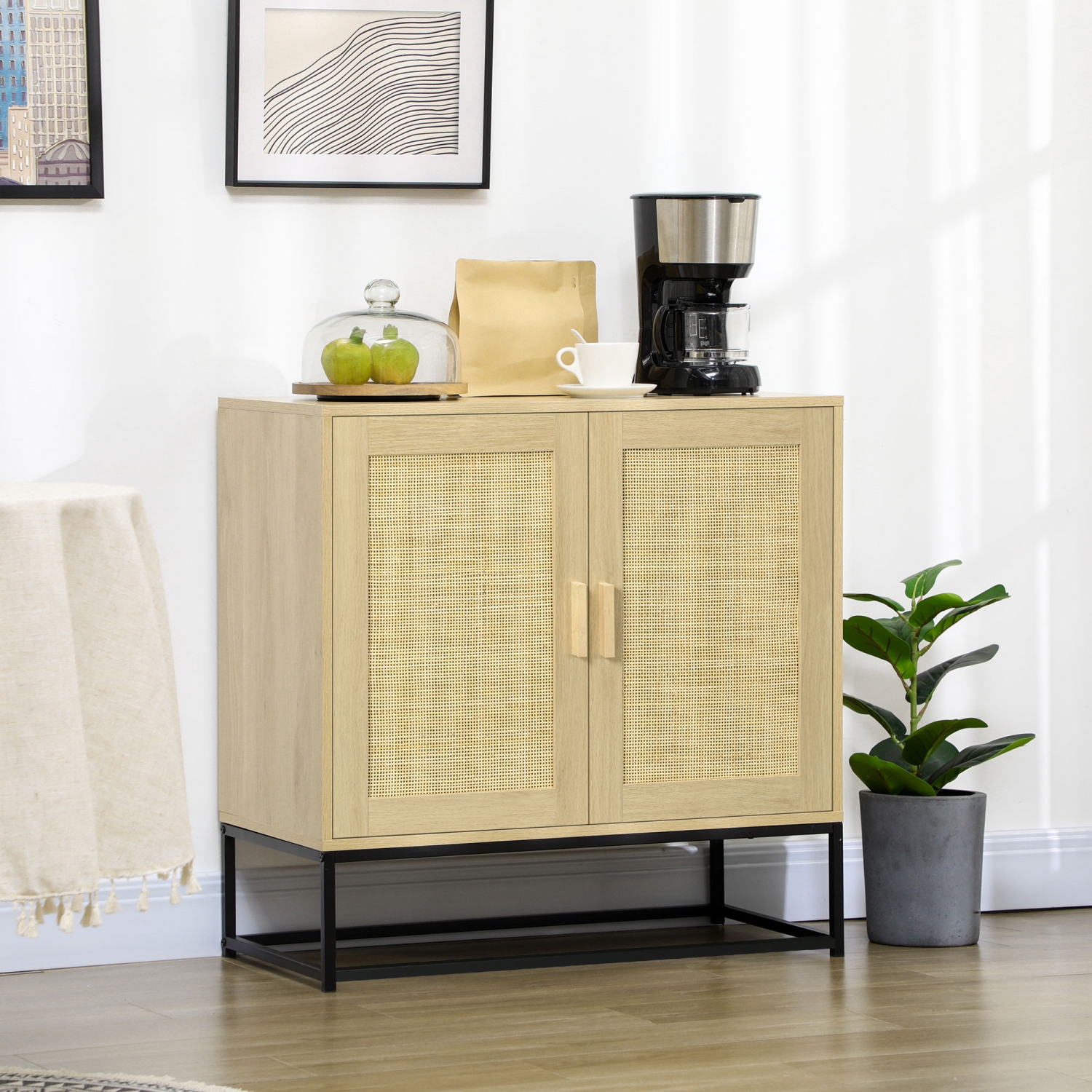 HOMCOM – buffet en bois, armoire de rangement d’appoint avec 2 portes en rotin, tablette réglable et pattes en acier pour le salon, crème pâle