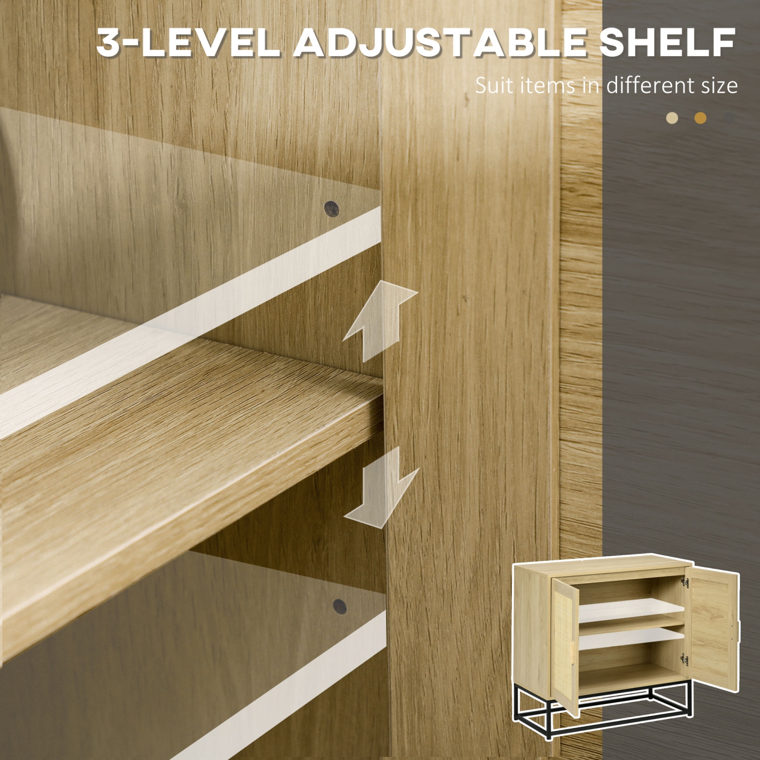 HOMCOM – buffet en bois, armoire de rangement d’appoint avec 2 portes en rotin, tablette réglable et pattes en acier pour le salon, crème pâle