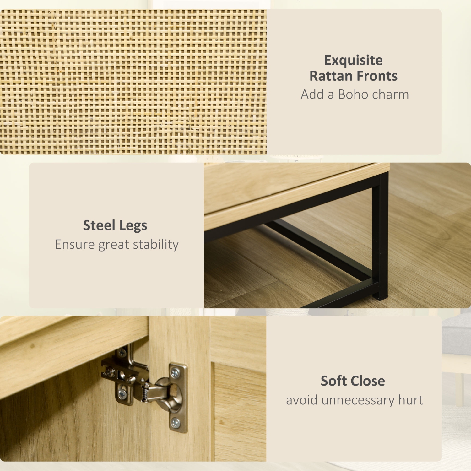 HOMCOM – buffet en bois, armoire de rangement d’appoint avec 2 portes en rotin, tablette réglable et pattes en acier pour le salon, crème pâle