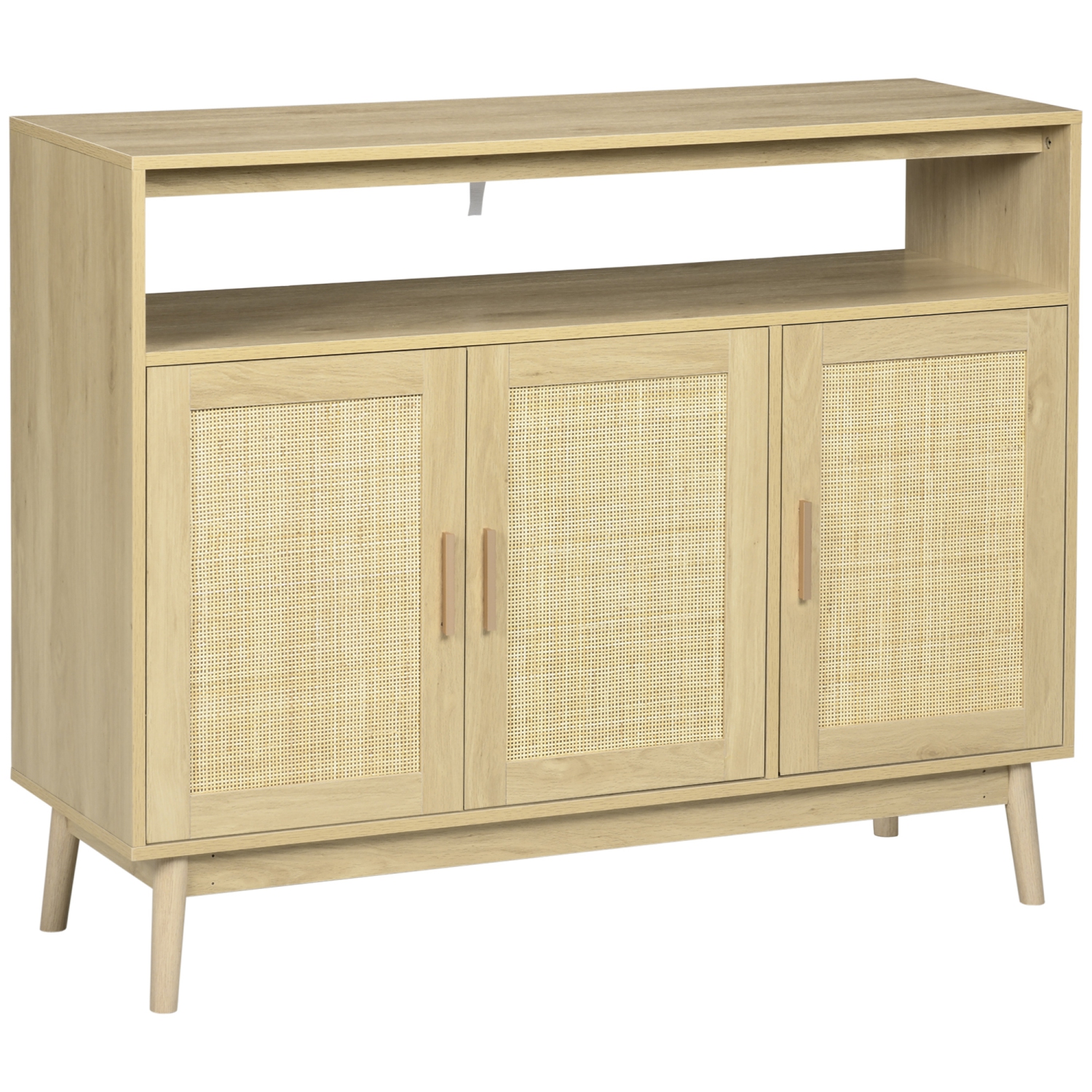 HOMCOM Buffet Cabinet, Accent Storage Cabinet, Boho Style Sideboard with 3 Rattan Doors, Adjustable Interior Shelves, Wood Legs, Nature Wood