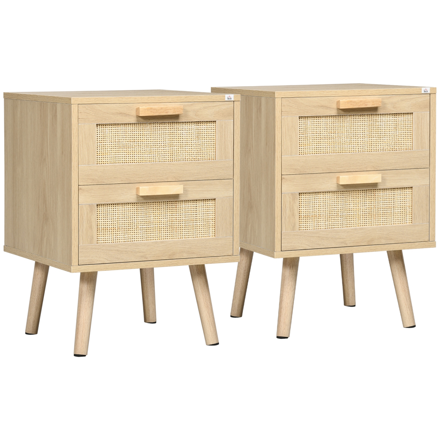 HOMCOM Boho Design Nightstand Set of 2, Rattan Bedside Table, Side End Table with 2 Drawers for Bedroom, Natural Wood Effect