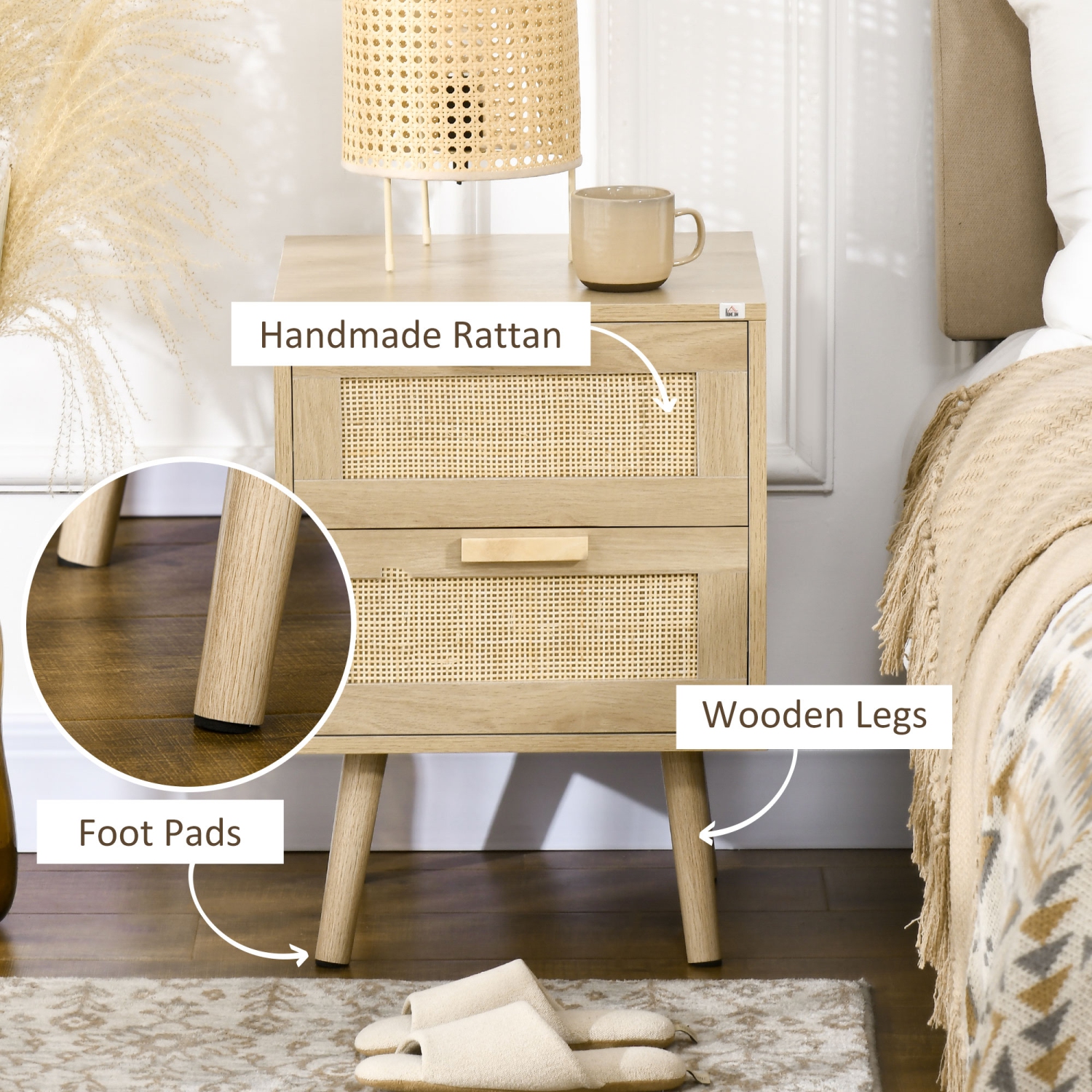 HOMCOM Boho Design Nightstand Set of 2, Rattan Bedside Table, Side End Table with 2 Drawers for Bedroom, Natural Wood Effect