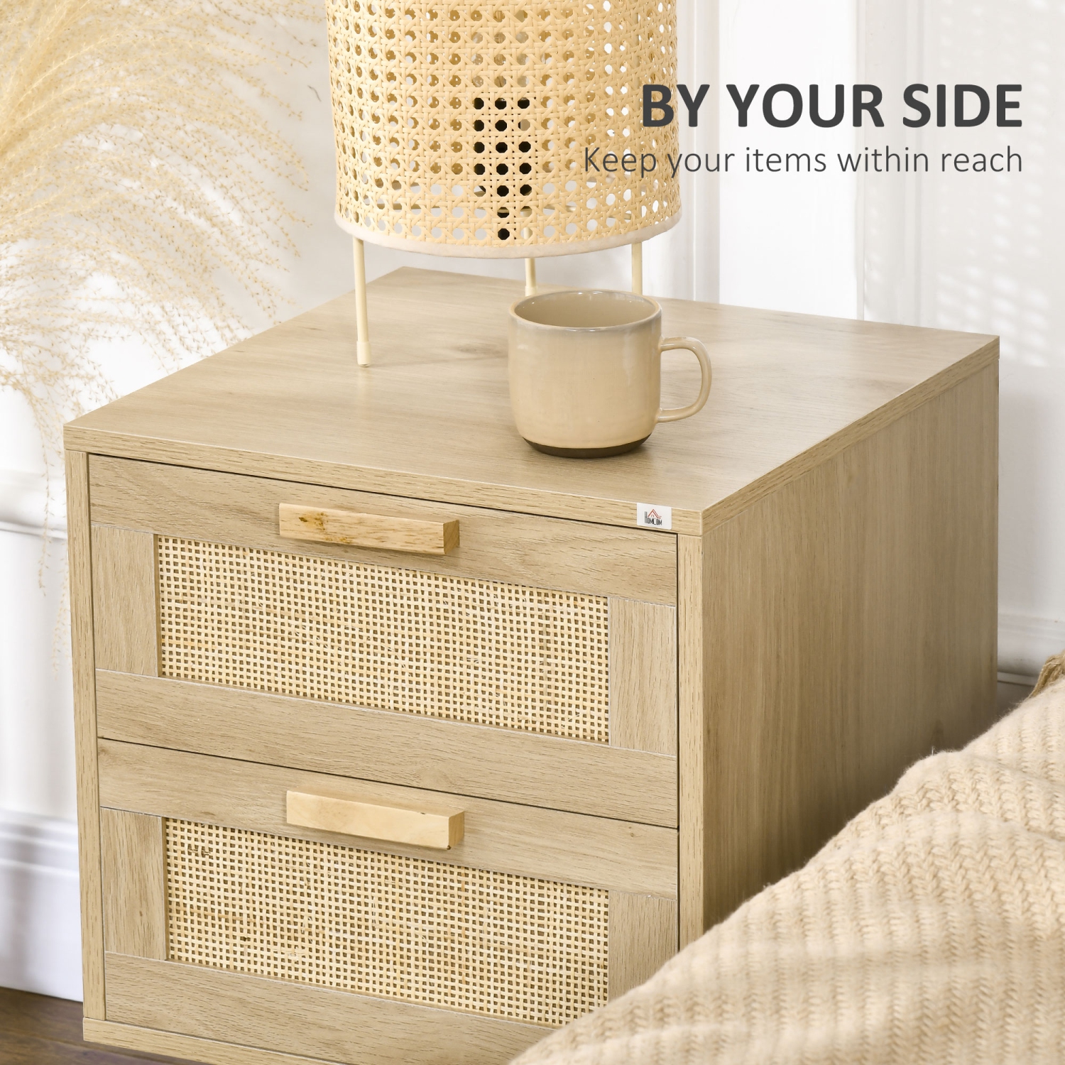 HOMCOM Boho Design Nightstand Set of 2, Rattan Bedside Table, Side End Table with 2 Drawers for Bedroom, Natural Wood Effect