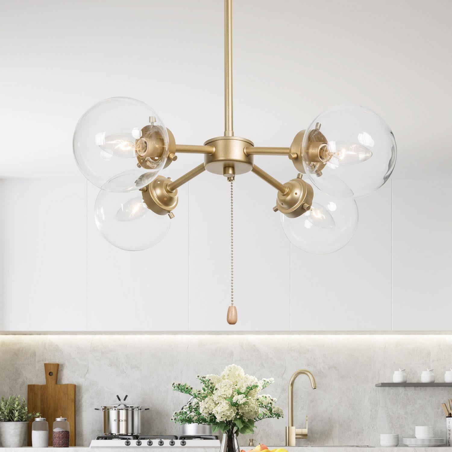 Modern Gold Sputnik Bedroom Chandelier, 4-Light Island Chandelier with Adjustable Pull Chain Switch
