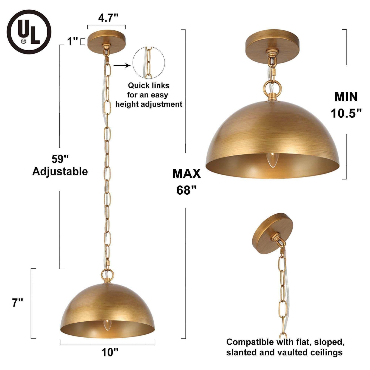 Luminaire suspendu champêtre en or brossé, 10 po Plafonnier suspendu de cuisine à 1 lumières