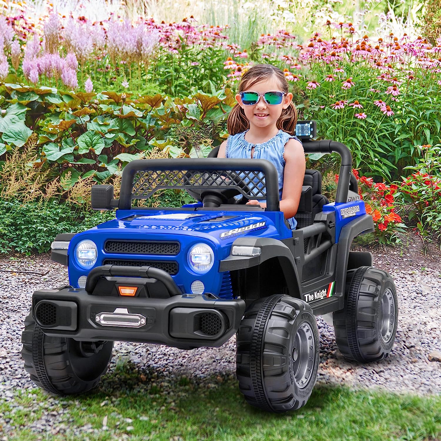 12v Jeep Kids Ride On Car Toy With Open Doors, Realistic Lights And Remote Control