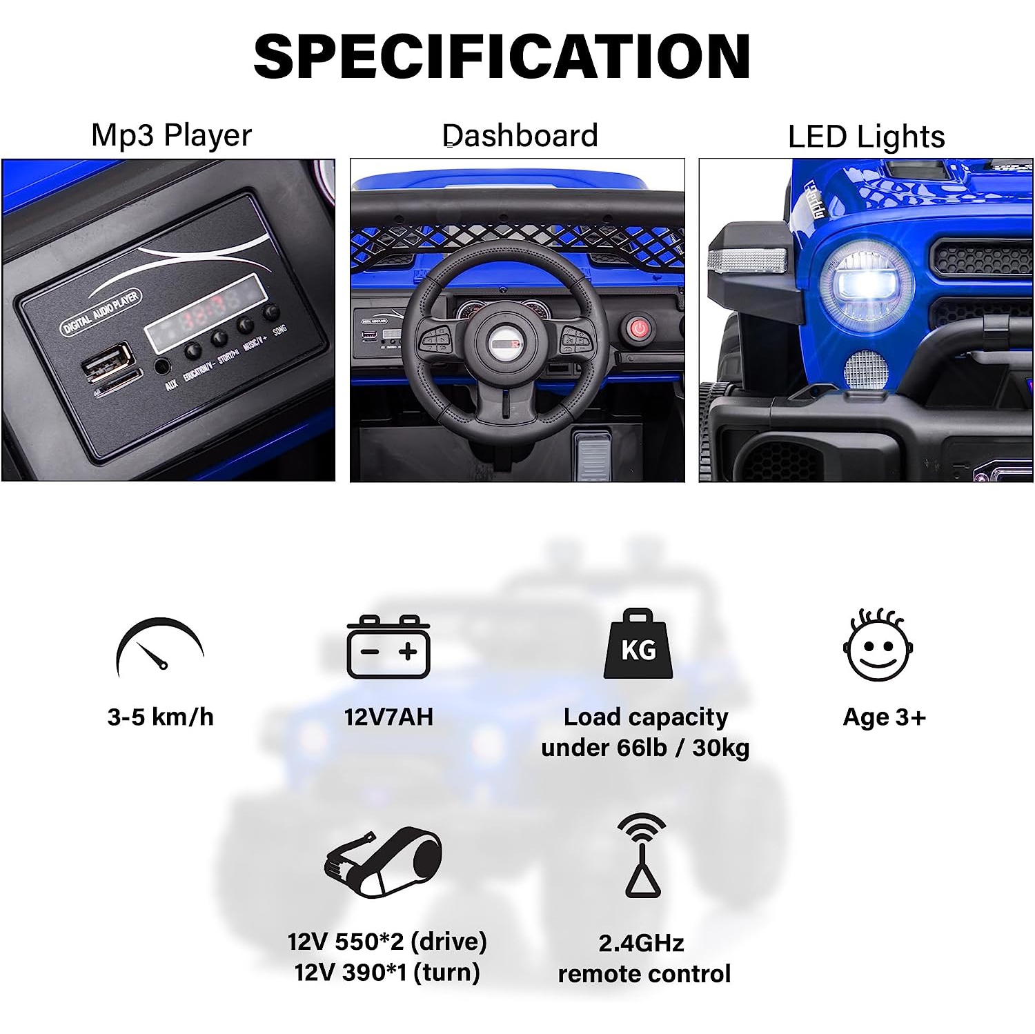 12v Jeep Kids Ride On Car Toy With Open Doors, Realistic Lights And Remote Control