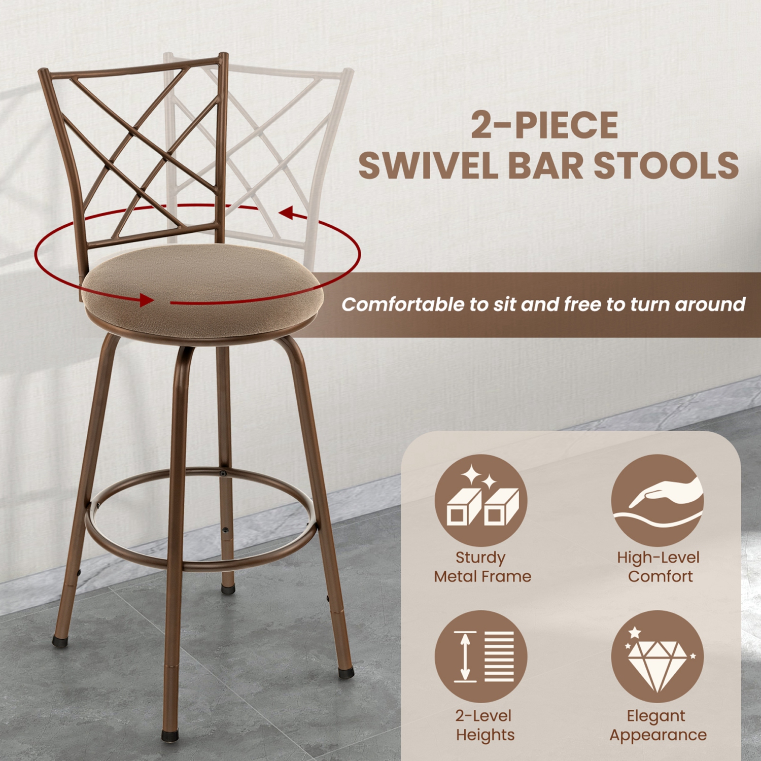 Costway Set of 2 24/30 Inch Adjustable Swivel Barstools Metal Dining Chairs Brown