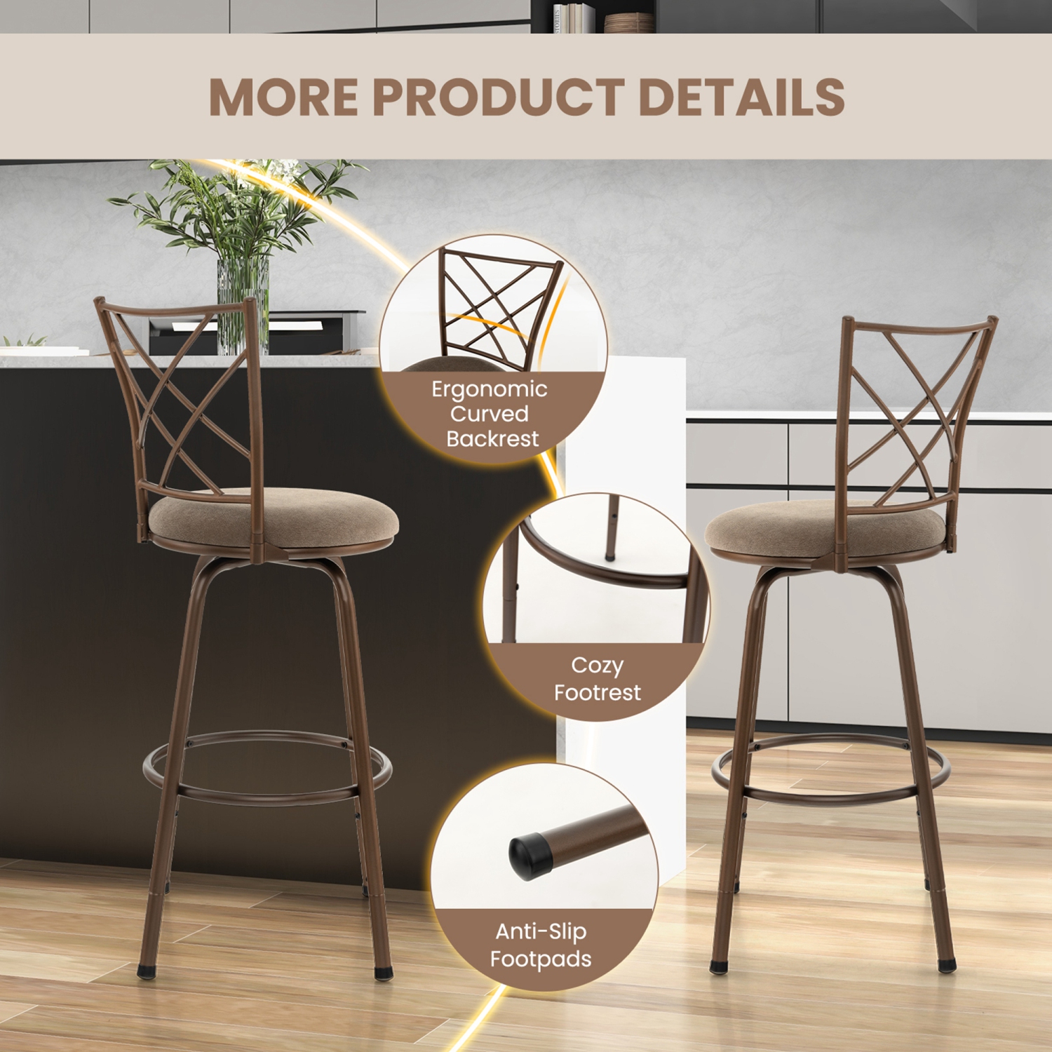 Costway Set of 2 24/30 Inch Adjustable Swivel Barstools Metal Dining Chairs Brown