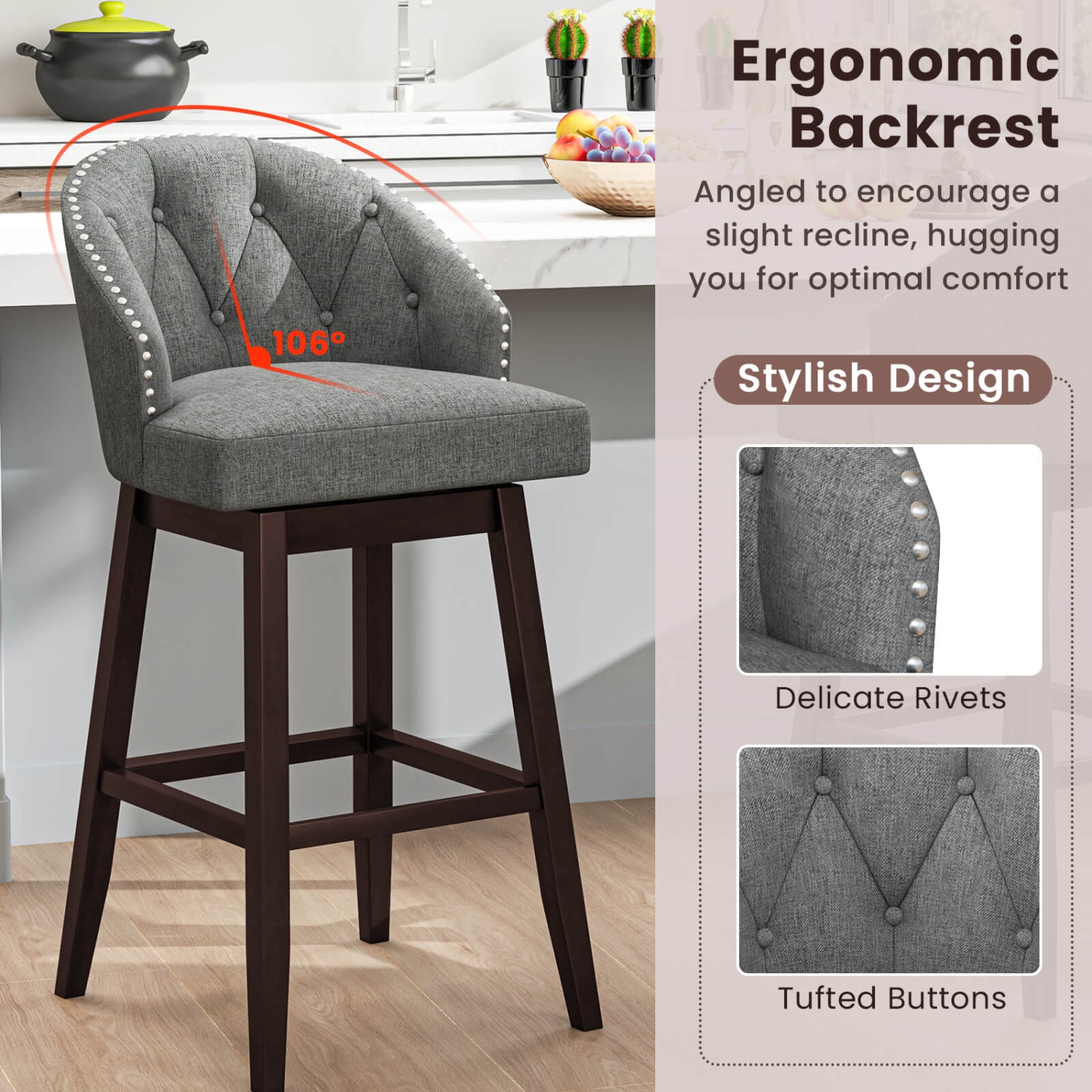 Costway Set of 2 Swivel Bar Stools Tufted Bar Height Pub Chairs with Rubber Wood Legs