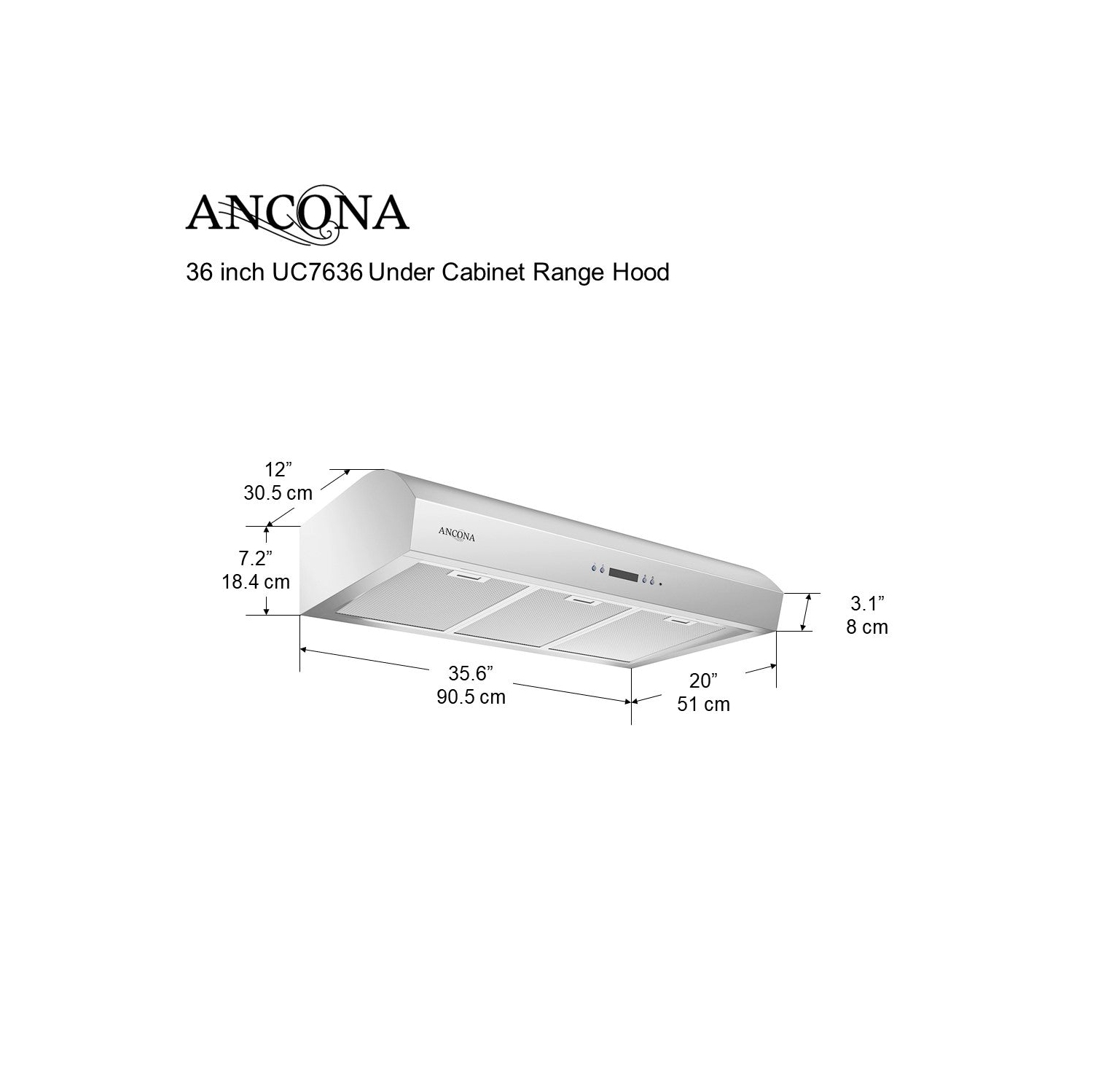 Ancona UC7636 36" Under-Cabinet Range Hood with Night Light in Stainless Steel