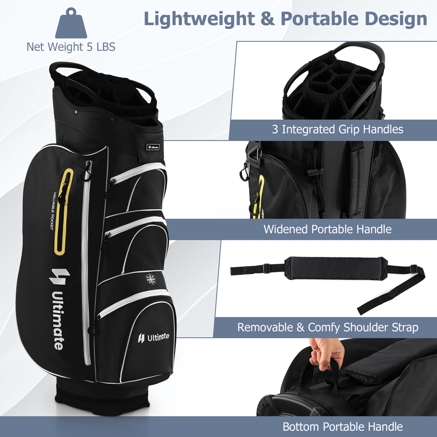 Sac léger pour chariot de golf de Costway avec séparateur supérieur à 15 directions Sac refroidisseur individuel pour puits de gouttière