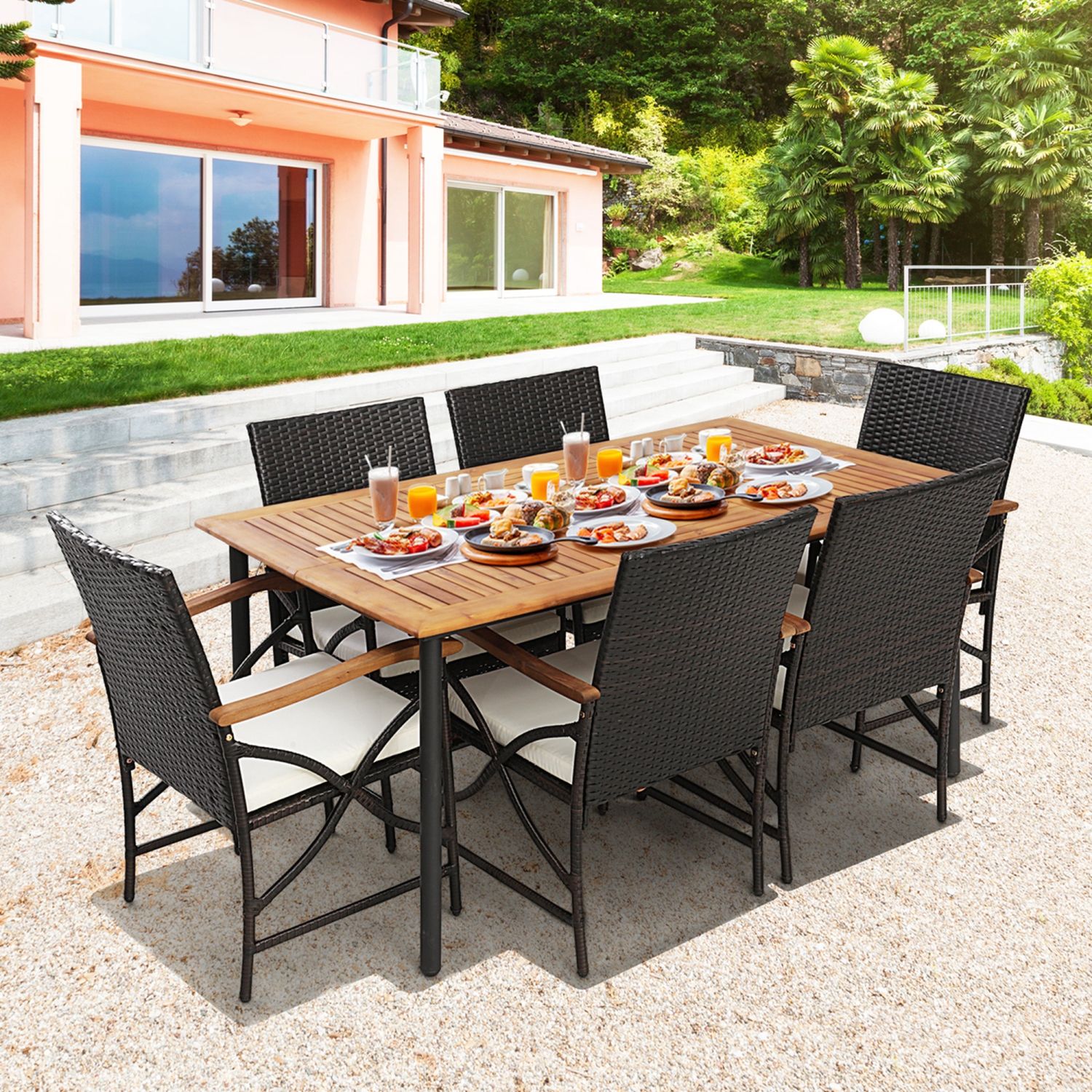 Ensemble patio osier de Costway 5pcs Ensemble salle à manger coussins fauteuils en bois d'acacia avec trou pour parasol