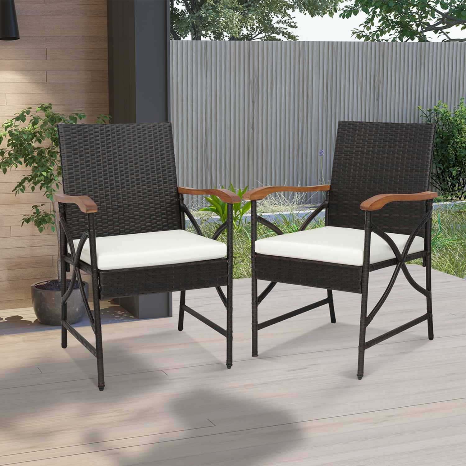 Costway 7PCS Patio Wicker Dining Set Cushion Acacia Wood Armrests Table with Umbrella Hole