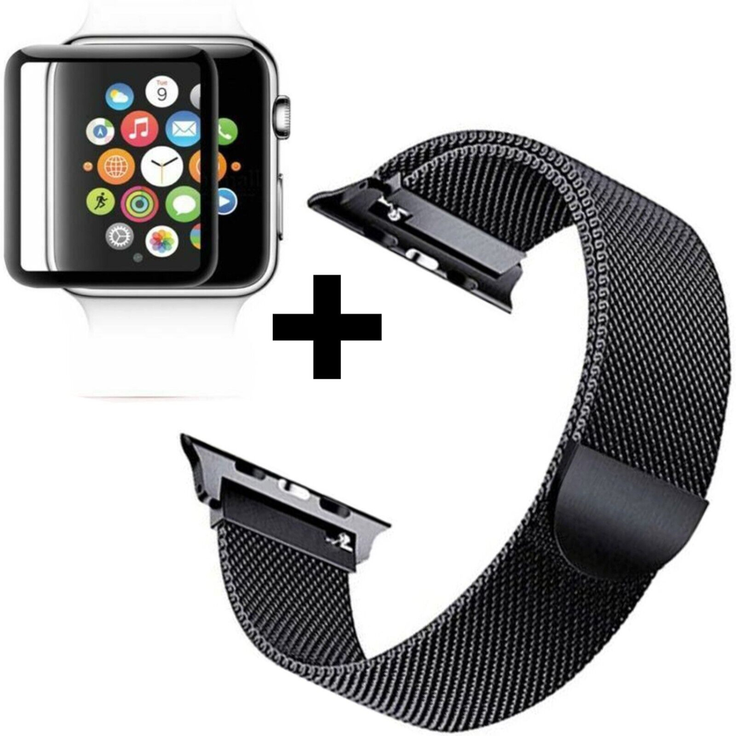 For Apple Watch 42mm Band Stainless Steel Magnetic Loop Watch Band Screen Protector Milness Strap for iWatch SE Ultra Series 8 7 6 5 4 3 2 1 - Black
