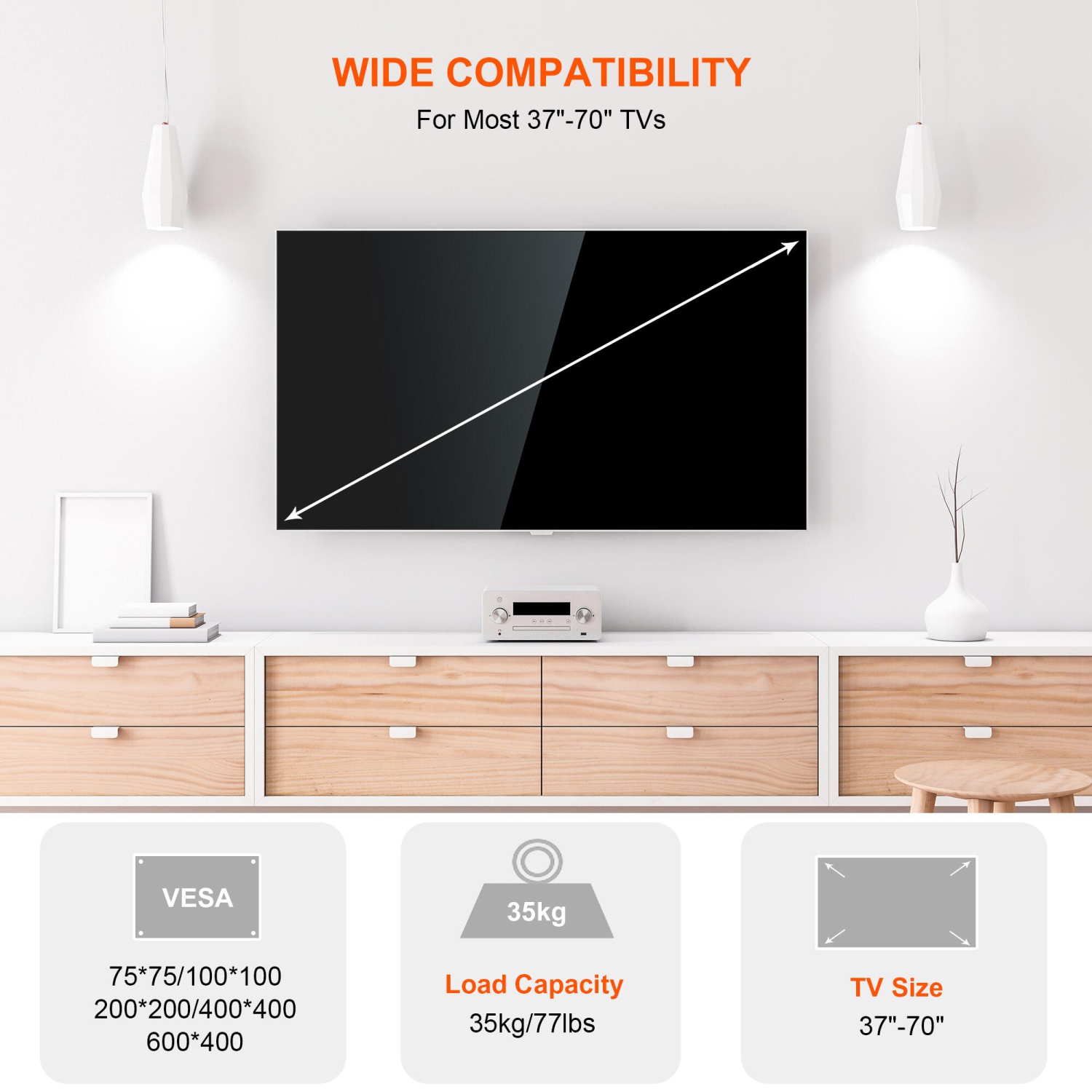 Full Motion Articulating TV Wall Mount for 37-70 inch TVs ,TV Mounts Holds up to 77lbs and Max VESA 600 x 400mm