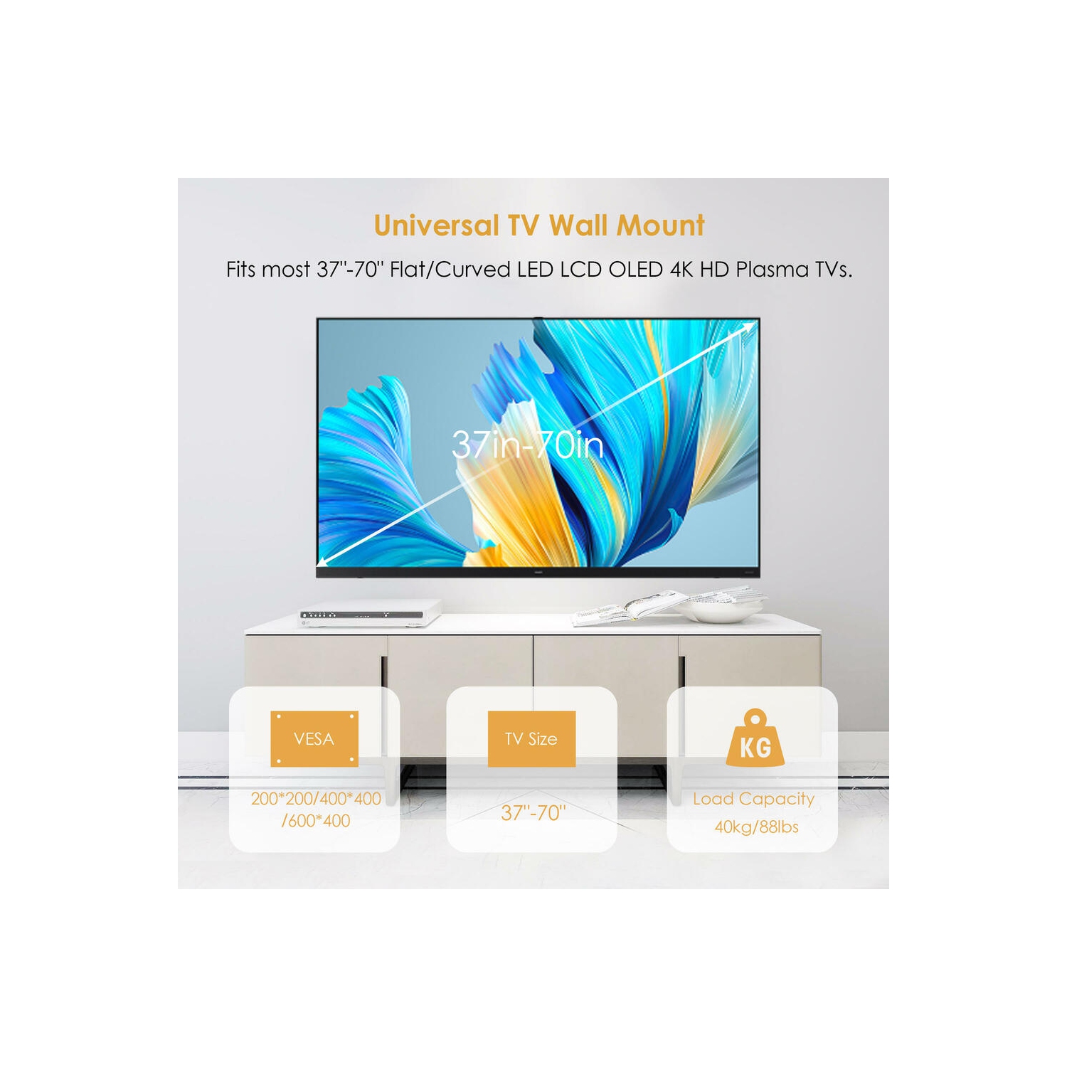 37-70 inch Full Motion TV Wall Mount with Articulating Dual Support 6-Arms Holds up to 88lbs and Max VESA 600 x 400mm