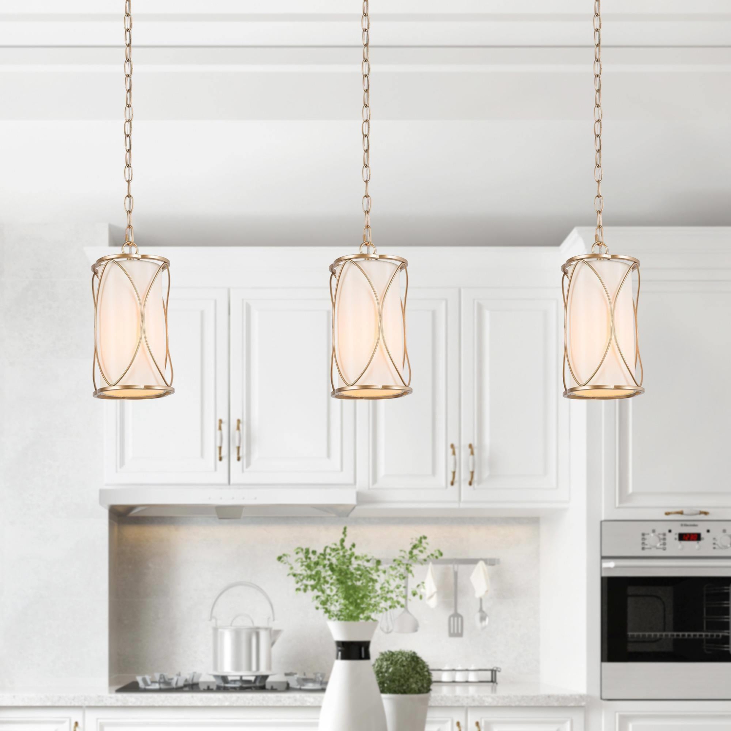Modern Drum Island Pendant Light 1-Light Brass Gold Cage Chandelier Pendant Ceiling Light with Fabric Shade