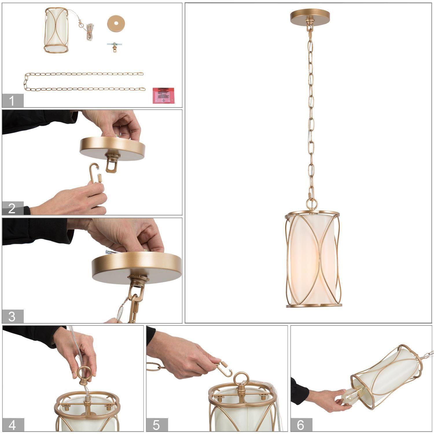 Modern Drum Island Pendant Light 1-Light Brass Gold Cage Chandelier Pendant Ceiling Light with Fabric Shade