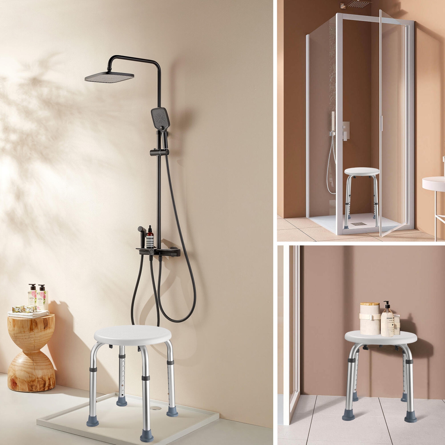 Chaise de douche à hauteur réglable à 8 niveaux, tabouret de douche de bain pour douche intérieure avec pieds en caoutchouc stables, pieds