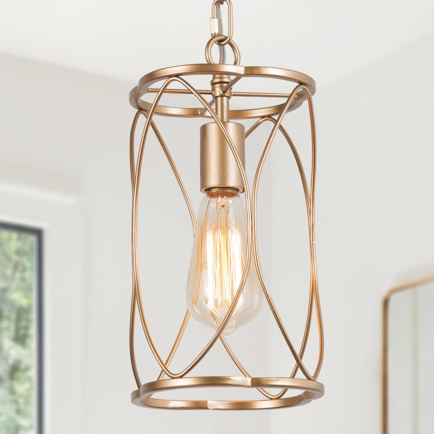 Modern Gold Dining Room Pendant Light, 1-Light Antique Island Pendant Light with Wire Metal Cage