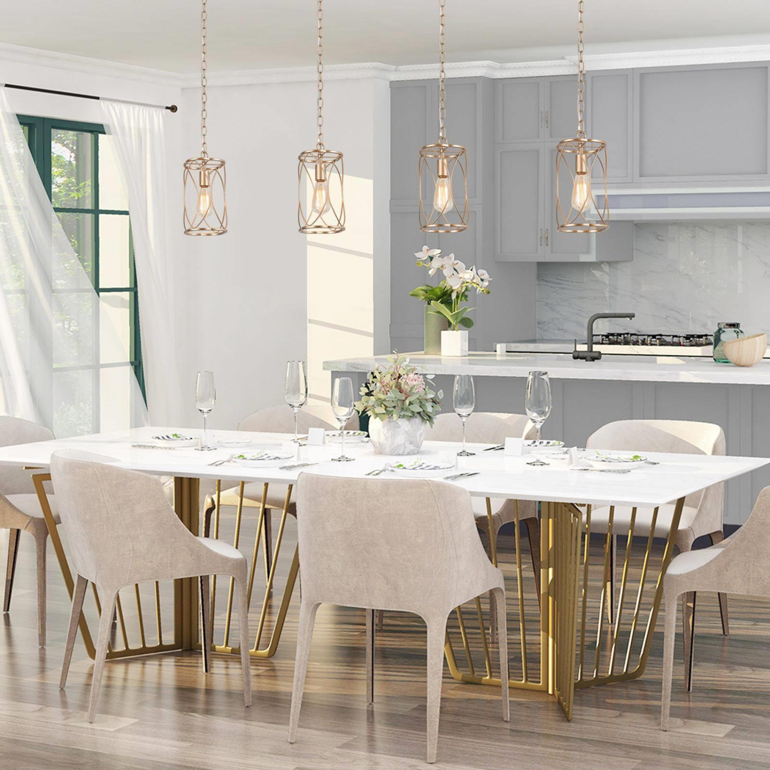 Modern Gold Dining Room Pendant Light, 1-Light Antique Island Pendant Light with Wire Metal Cage