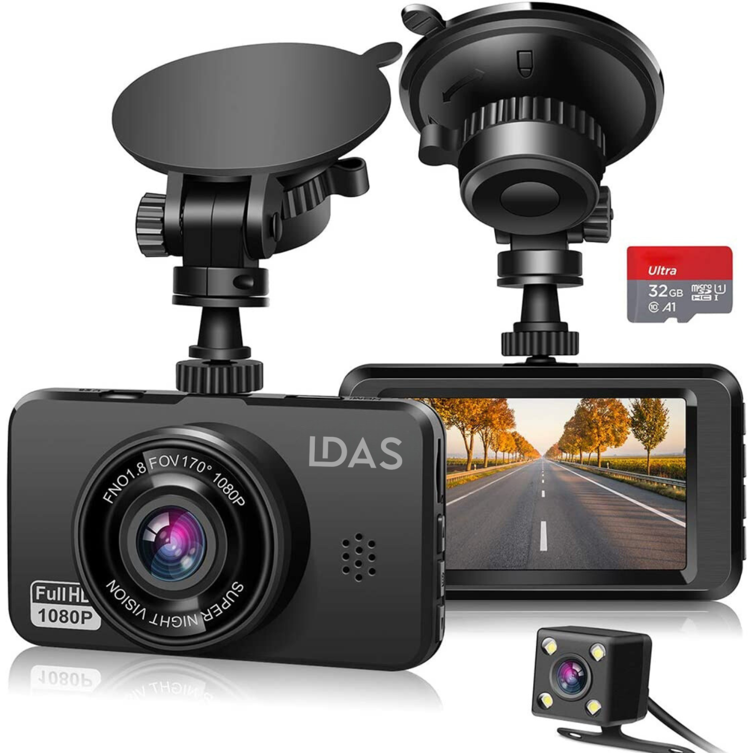 LDAS Dash Cam for Cars Front and Rear and SD Card Included 1080P Full HD in Car Camera Dual Lens Dashcam for Cars 170 Wide Angle with Loop Recording and G-Sensor